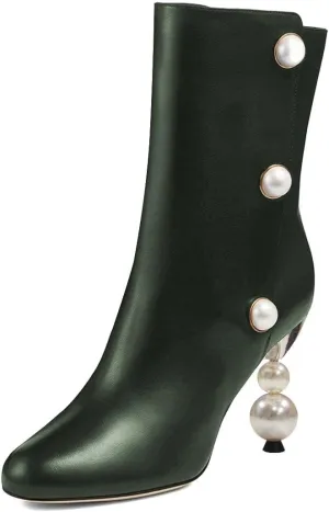 XYD Women Chic Pearl Closed Round Toe Ankle Boots Pull On High Heel Mid Calf Short Bootie Evening Party Event Dress Shoes