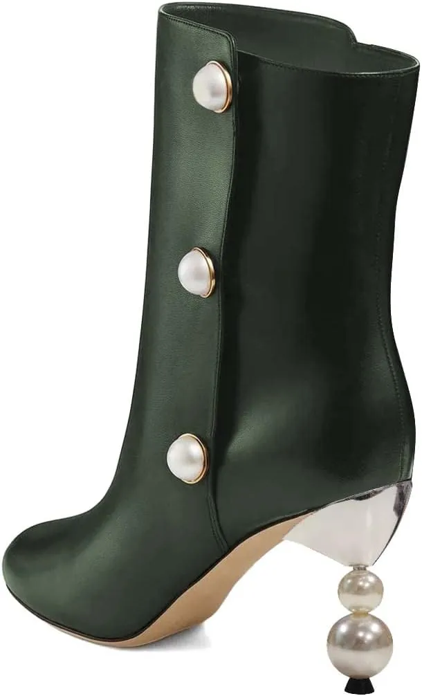 XYD Women Chic Pearl Closed Round Toe Ankle Boots Pull On High Heel Mid Calf Short Bootie Evening Party Event Dress Shoes