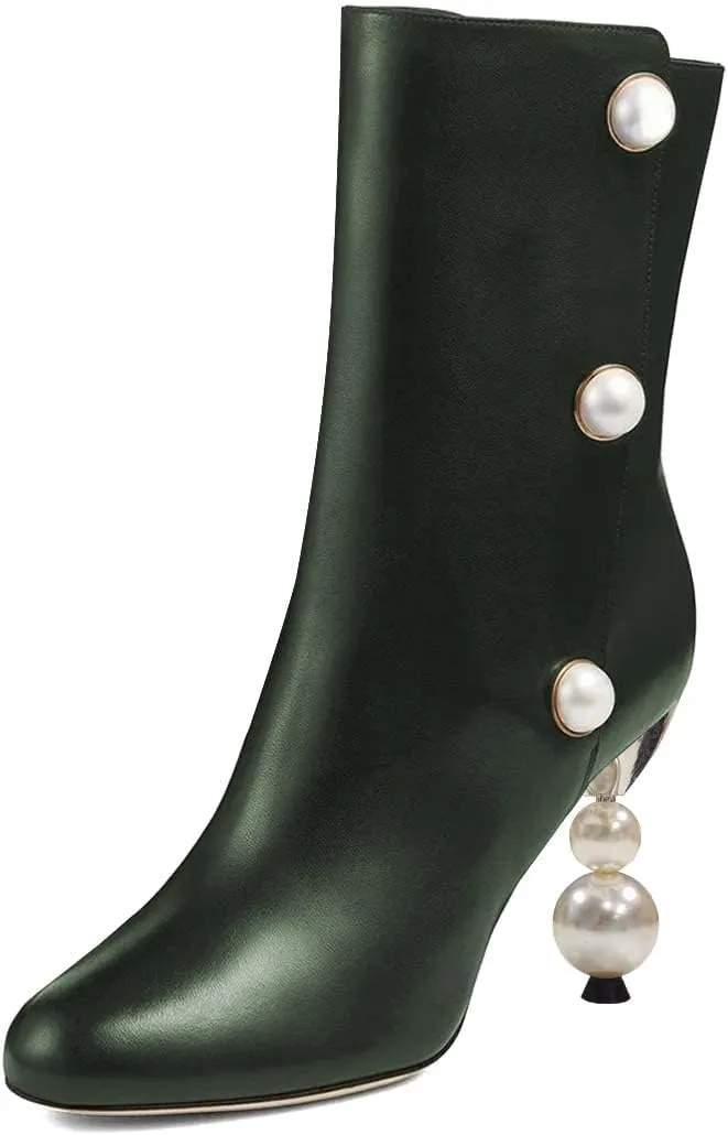 XYD Women Chic Pearl Closed Round Toe Ankle Boots Pull On High Heel Mid Calf Short Bootie Evening Party Event Dress Shoes