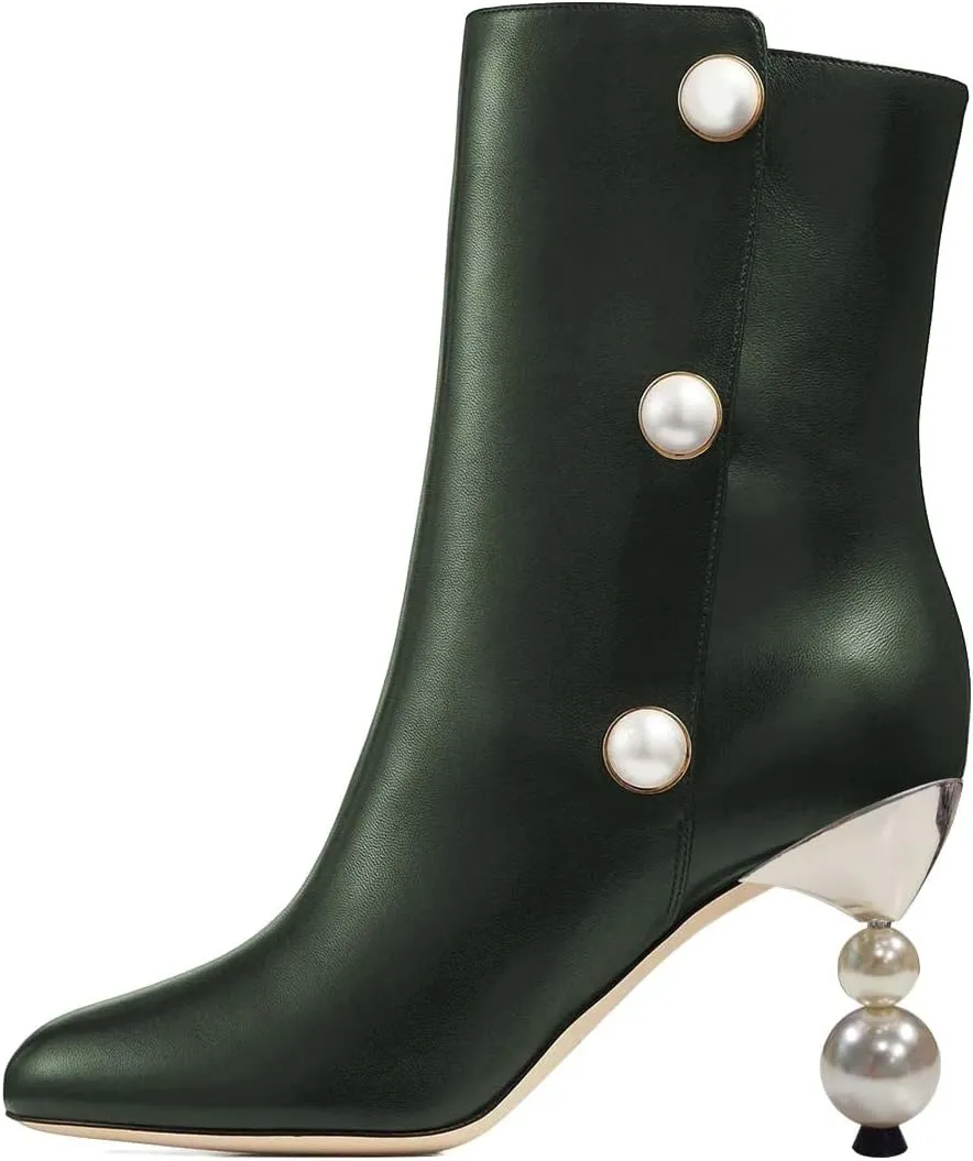 XYD Women Chic Pearl Closed Round Toe Ankle Boots Pull On High Heel Mid Calf Short Bootie Evening Party Event Dress Shoes