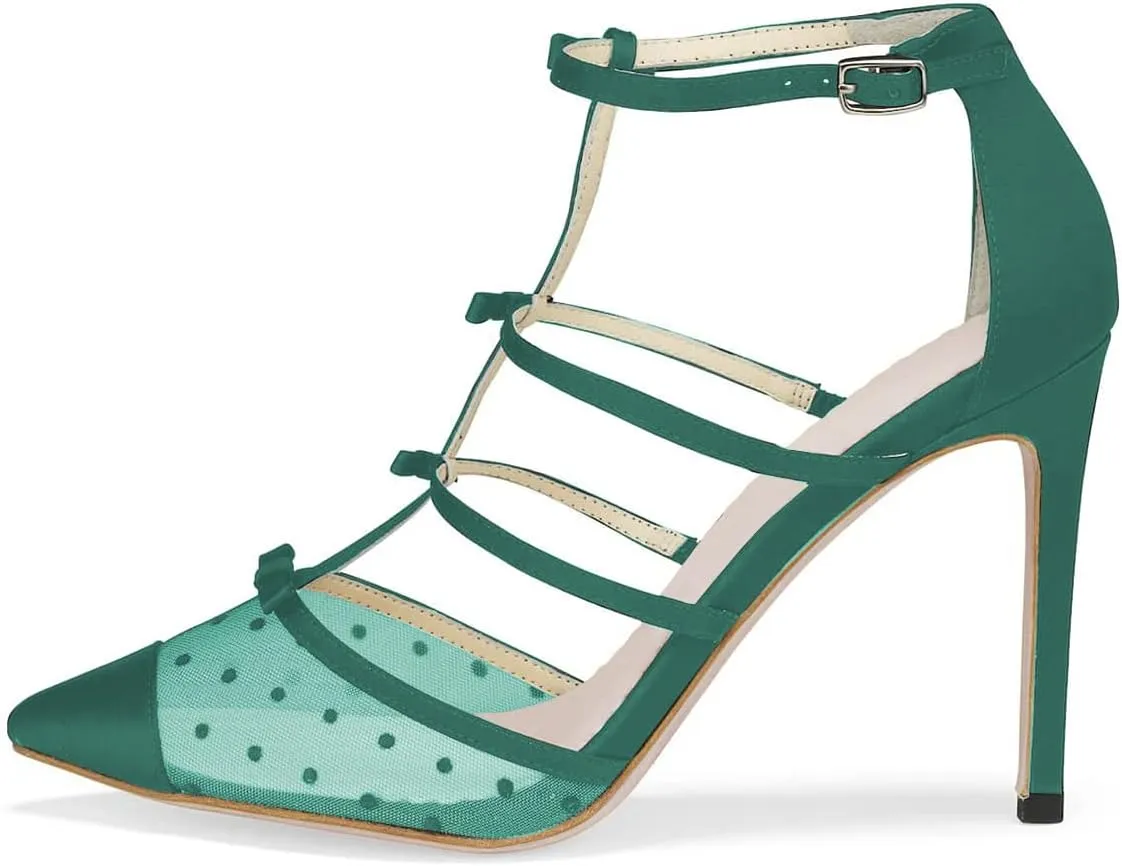 XYD Women Chic Polka Dots Pointed Toe Heeled Sandals Crossover T-strap with Bowtie High Heels Mesh Wedding Party Pumps Shoes