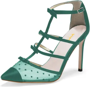 XYD Women Chic Polka Dots Pointed Toe Heeled Sandals Crossover T-strap with Bowtie High Heels Mesh Wedding Party Pumps Shoes