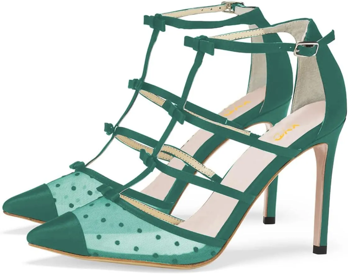XYD Women Chic Polka Dots Pointed Toe Heeled Sandals Crossover T-strap with Bowtie High Heels Mesh Wedding Party Pumps Shoes
