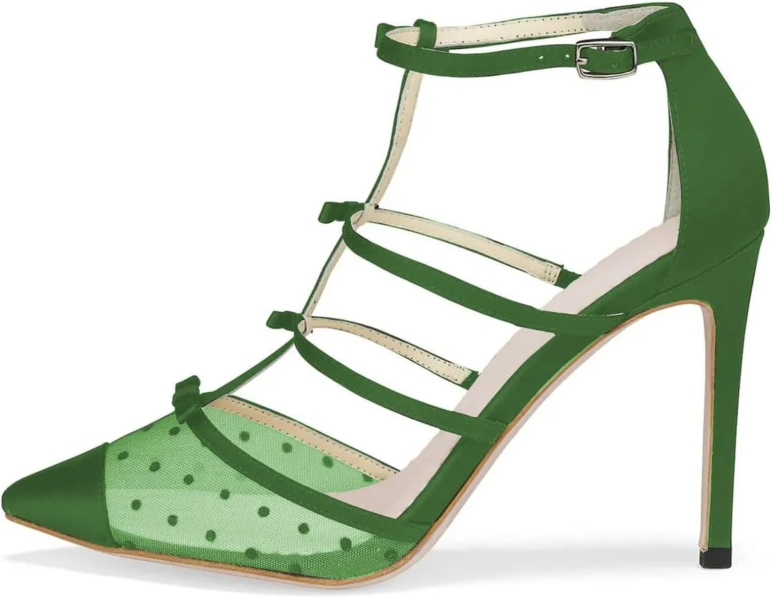 XYD Women Chic Polka Dots Pointed Toe Heeled Sandals Crossover T-strap with Bowtie High Heels Mesh Wedding Party Pumps Shoes