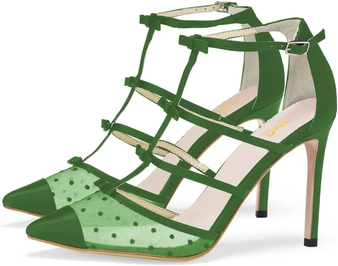 XYD Women Chic Polka Dots Pointed Toe Heeled Sandals Crossover T-strap with Bowtie High Heels Mesh Wedding Party Pumps Shoes
