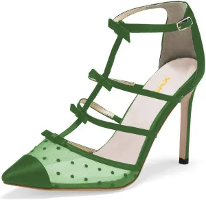 XYD Women Chic Polka Dots Pointed Toe Heeled Sandals Crossover T-strap with Bowtie High Heels Mesh Wedding Party Pumps Shoes