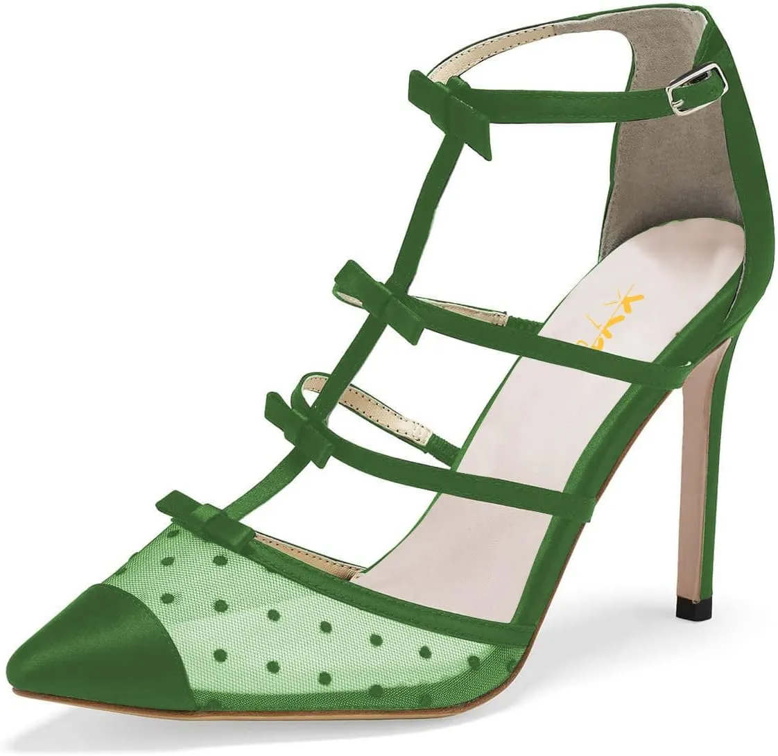 XYD Women Chic Polka Dots Pointed Toe Heeled Sandals Crossover T-strap with Bowtie High Heels Mesh Wedding Party Pumps Shoes