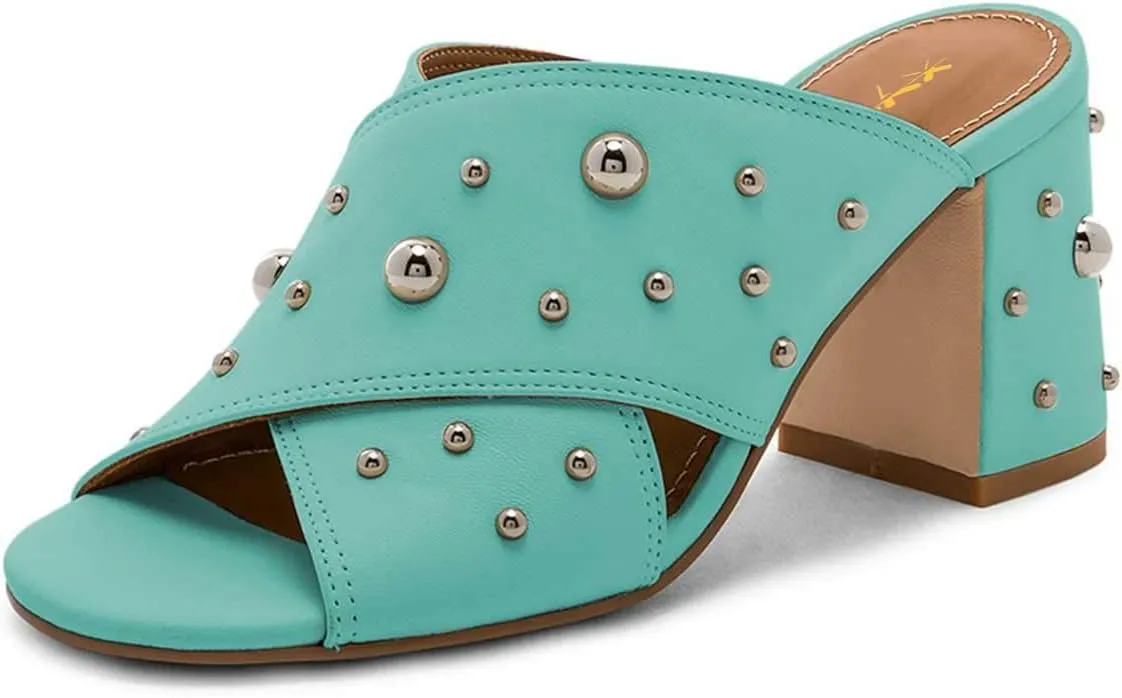 XYD Women Chic Rivets Studs Chunky High Heel Peep Toe Slide Sandals Summer Mules Shoes