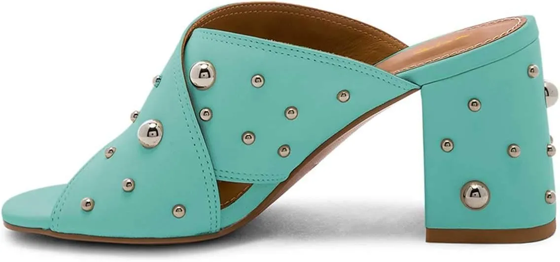 XYD Women Chic Rivets Studs Chunky High Heel Peep Toe Slide Sandals Summer Mules Shoes