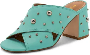 XYD Women Chic Rivets Studs Chunky High Heel Peep Toe Slide Sandals Summer Mules Shoes