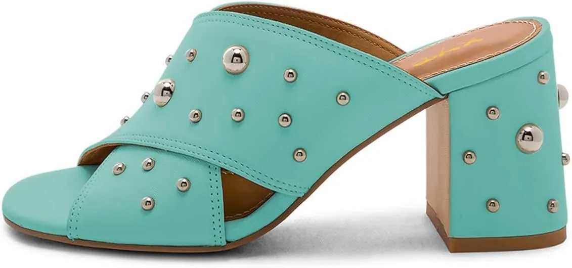 XYD Women Chic Rivets Studs Chunky High Heel Peep Toe Slide Sandals Summer Mules Shoes