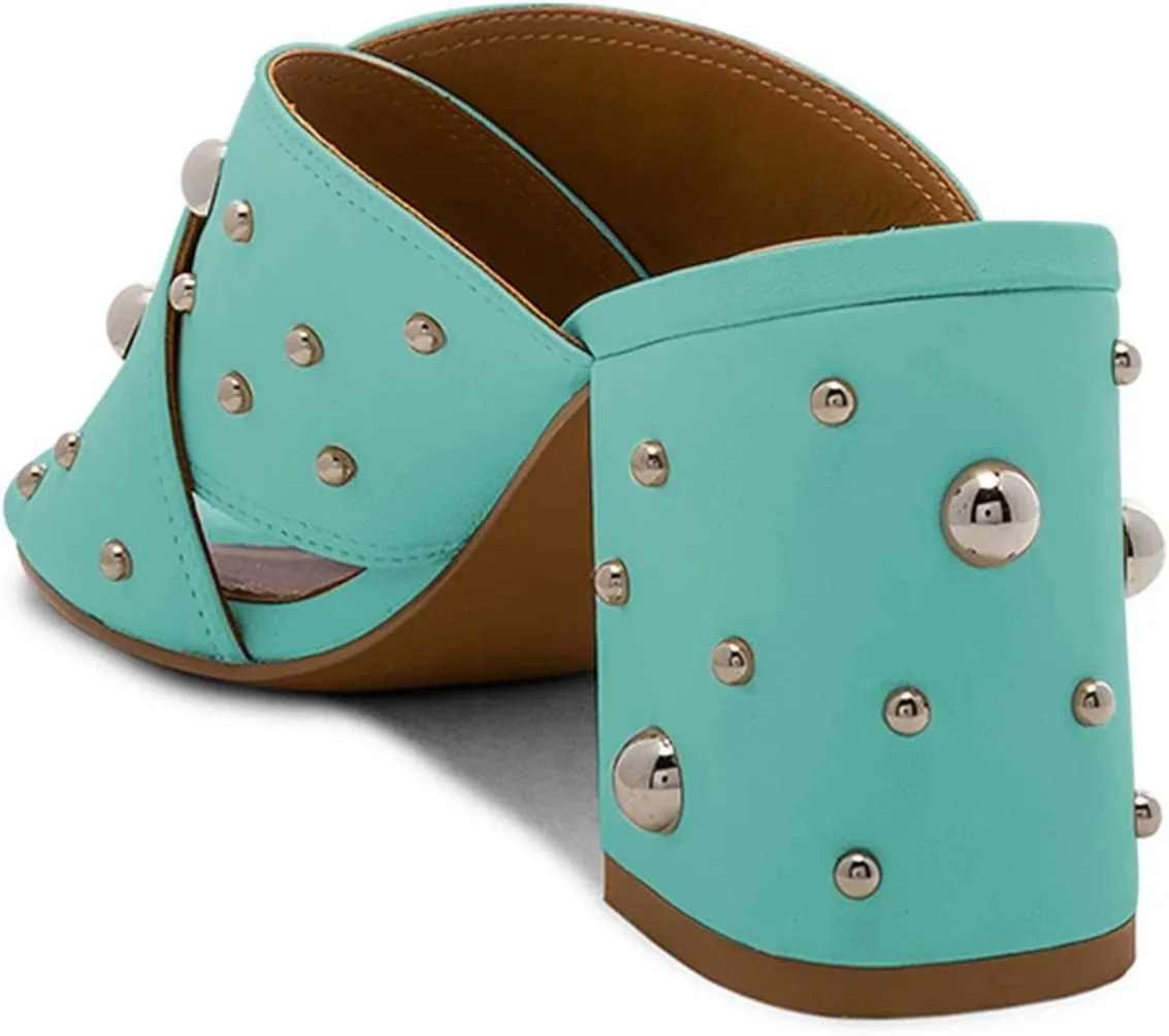 XYD Women Chic Rivets Studs Chunky High Heel Peep Toe Slide Sandals Summer Mules Shoes
