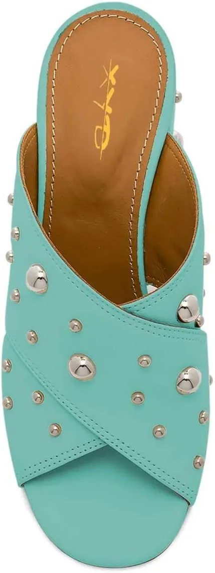 XYD Women Chic Rivets Studs Chunky High Heel Peep Toe Slide Sandals Summer Mules Shoes