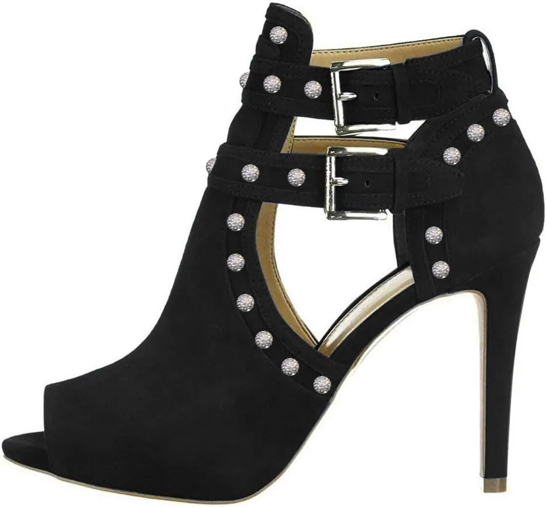 XYD Women Chic Studs Peep Toe Ankle Bootie High Heel Pumps Buckled Double Straps Cutout Fashion Party Shoes