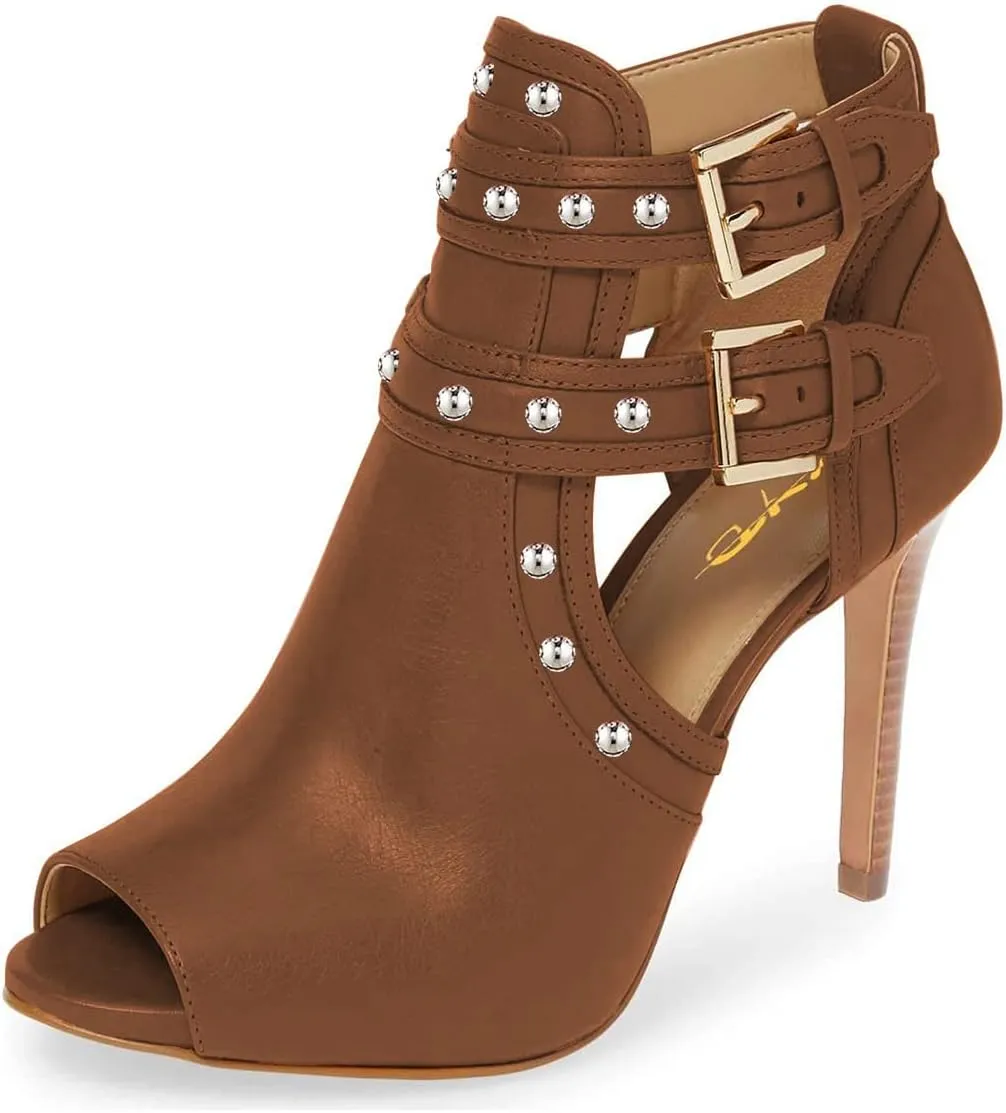 XYD Women Chic Studs Peep Toe Ankle Bootie High Heel Pumps Buckled Double Straps Cutout Fashion Party Shoes