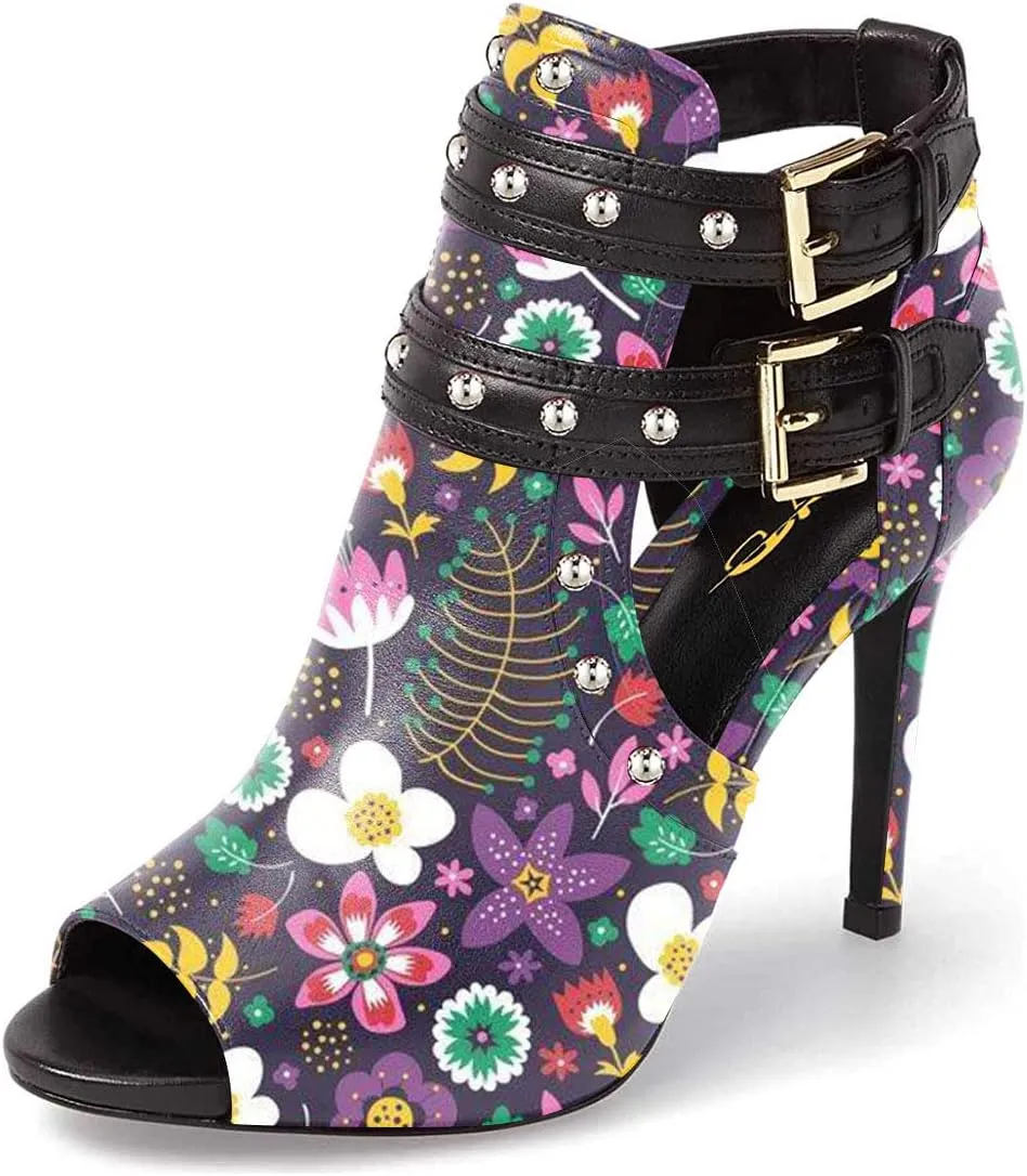 XYD Women Chic Studs Peep Toe Ankle Bootie High Heel Pumps Buckled Double Straps Cutout Fashion Party Shoes
