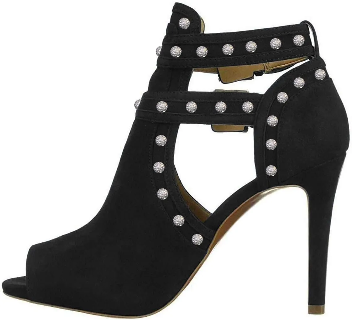 XYD Women Chic Studs Peep Toe Ankle Bootie High Heel Pumps Buckled Double Straps Cutout Fashion Party Shoes