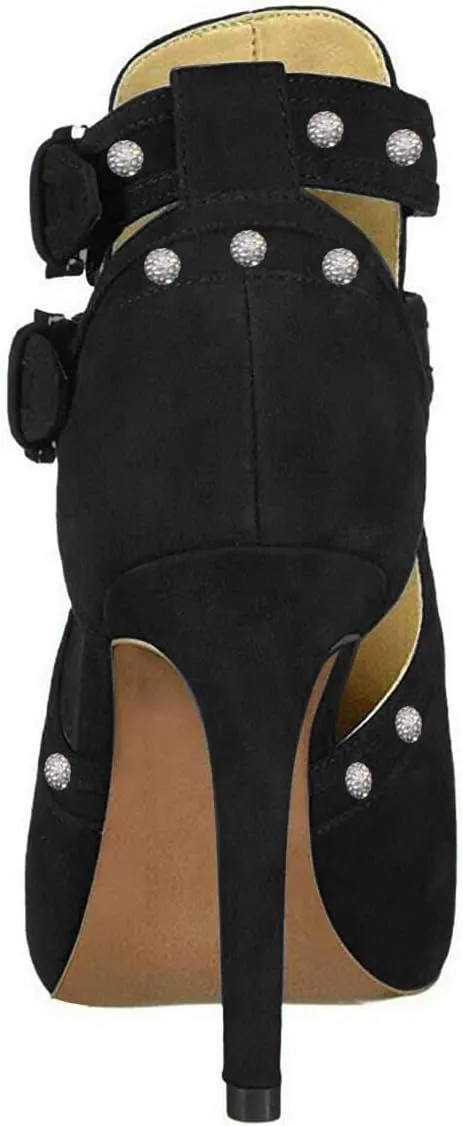 XYD Women Chic Studs Peep Toe Ankle Bootie High Heel Pumps Buckled Double Straps Cutout Fashion Party Shoes