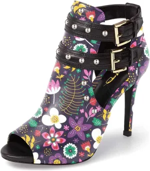 XYD Women Chic Studs Peep Toe Ankle Bootie High Heel Pumps Buckled Double Straps Cutout Fashion Party Shoes