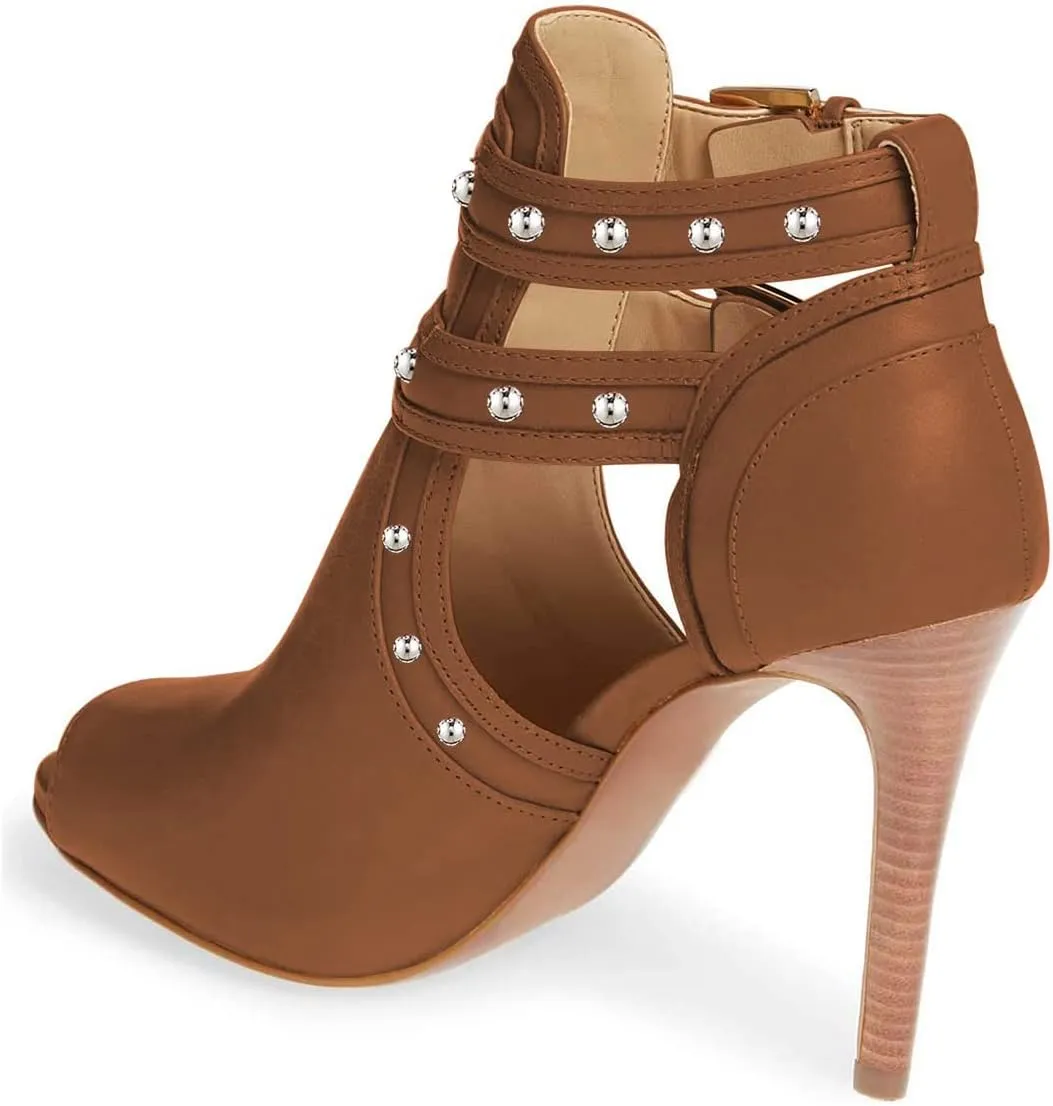 XYD Women Chic Studs Peep Toe Ankle Bootie High Heel Pumps Buckled Double Straps Cutout Fashion Party Shoes