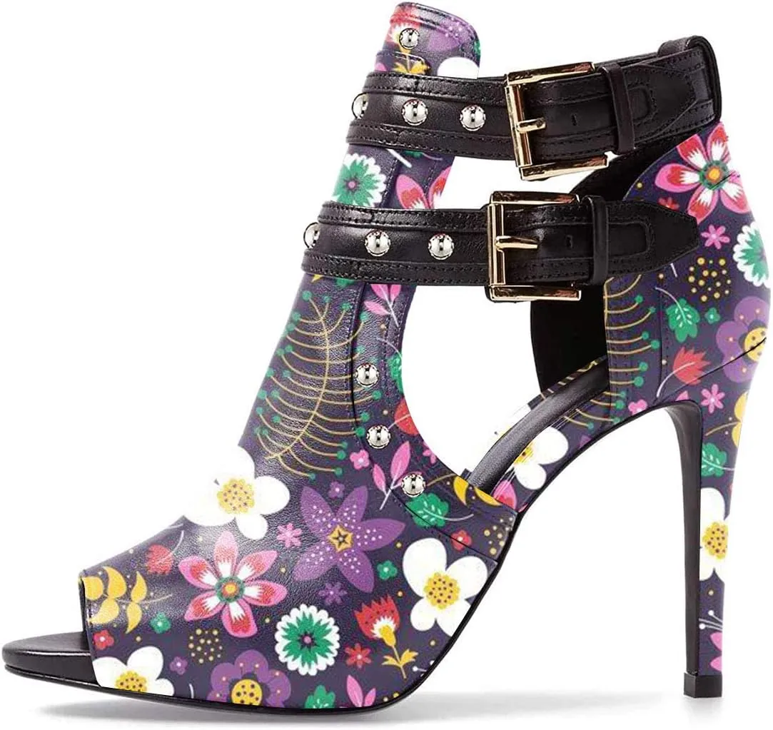 XYD Women Chic Studs Peep Toe Ankle Bootie High Heel Pumps Buckled Double Straps Cutout Fashion Party Shoes
