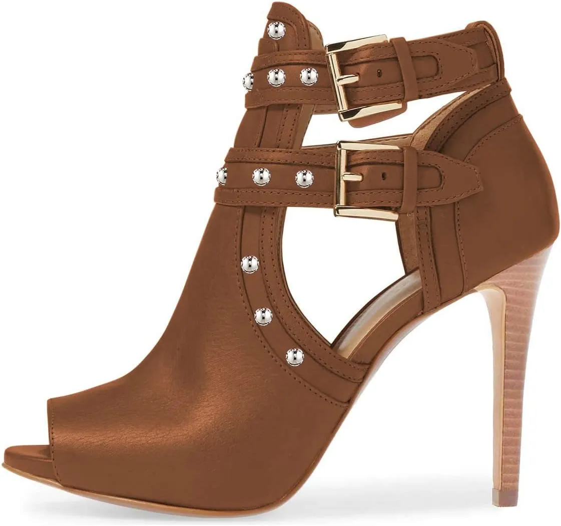 XYD Women Chic Studs Peep Toe Ankle Bootie High Heel Pumps Buckled Double Straps Cutout Fashion Party Shoes