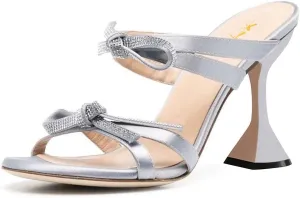 XYD Women Elegant Rhinestones Bows Open Round Toe Slip On Mule Sandals High Spool Heel Slipper Slides Comfortable Party Chic Shoes