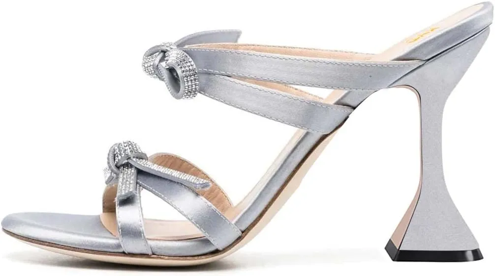 XYD Women Elegant Rhinestones Bows Open Round Toe Slip On Mule Sandals High Spool Heel Slipper Slides Comfortable Party Chic Shoes