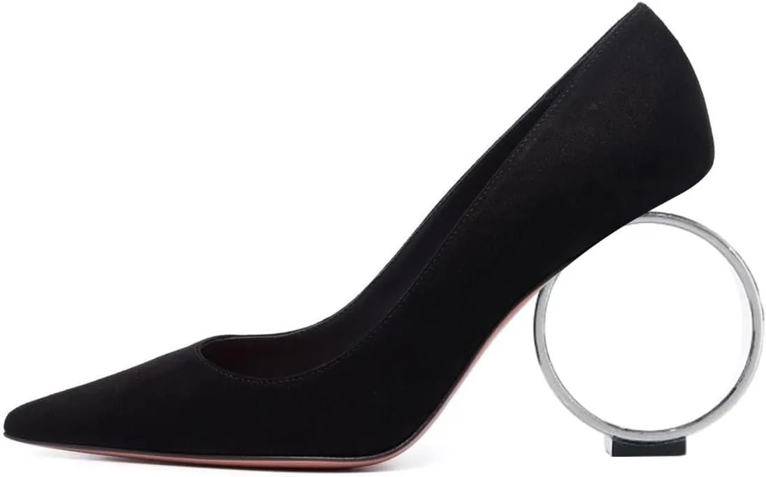 XYD Women Metal Circular High Heel Closed Pointed Toe Pumps Slip-on Office Formal Party Chic Shoes