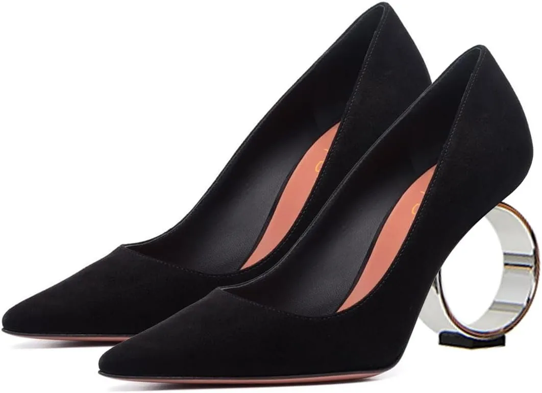XYD Women Metal Circular High Heel Closed Pointed Toe Pumps Slip-on Office Formal Party Chic Shoes