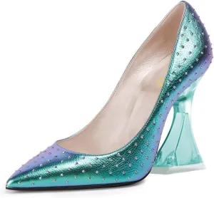 XYD Women Pointed Toe Party Heels Transparent Flared High Heel Studded Pumps Slip On Evening Prom Fashion Shoes