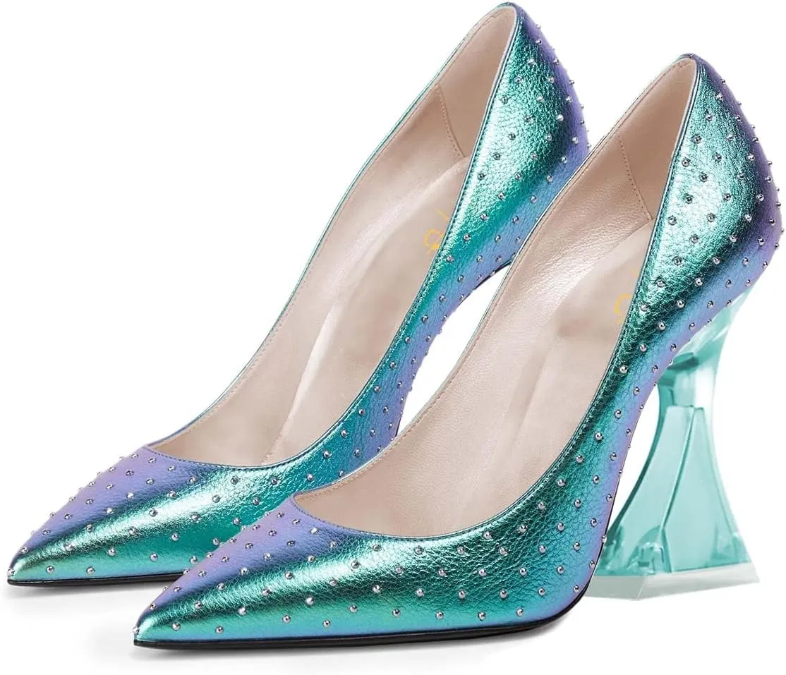 XYD Women Pointed Toe Party Heels Transparent Flared High Heel Studded Pumps Slip On Evening Prom Fashion Shoes