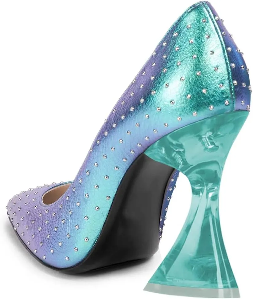 XYD Women Pointed Toe Party Heels Transparent Flared High Heel Studded Pumps Slip On Evening Prom Fashion Shoes