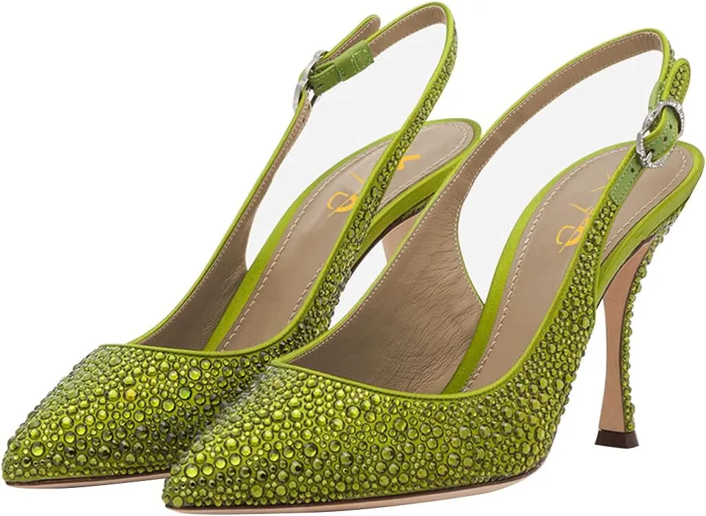 XYD Women Pointed Toe Stiletto Pumps Rhinestones Slingback High Heels Sandals Chic Party Wedding Dress Shoes