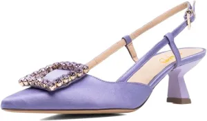 XYD Women Pointy Toe Pumps Square Rhinestone Buckle Slingback Evening Pumps Low Heels Slip On Ankle Strap Ladies Chic Party Shoes