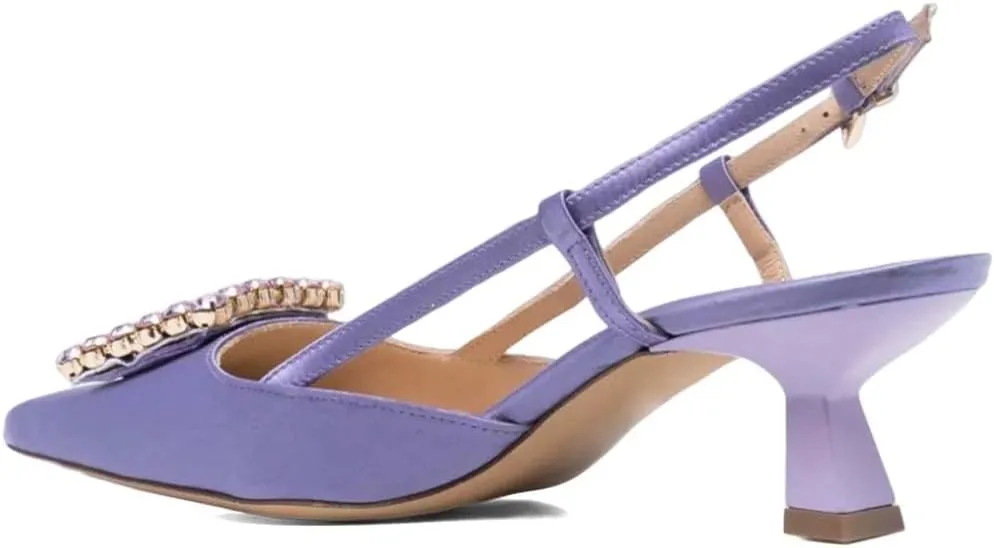 XYD Women Pointy Toe Pumps Square Rhinestone Buckle Slingback Evening Pumps Low Heels Slip On Ankle Strap Ladies Chic Party Shoes