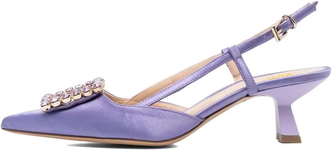 XYD Women Pointy Toe Pumps Square Rhinestone Buckle Slingback Evening Pumps Low Heels Slip On Ankle Strap Ladies Chic Party Shoes