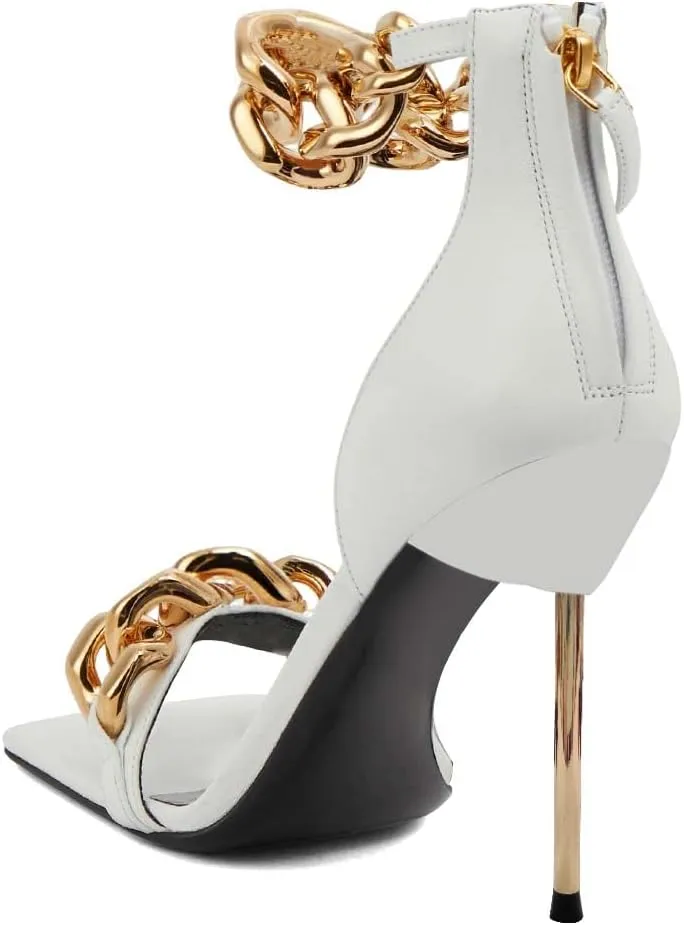 XYD Women Sexy Stiletto Sandals Open Square Toe High Heels Metal Ankle Chain Strap Back Zip Chic Nightclub Shoes