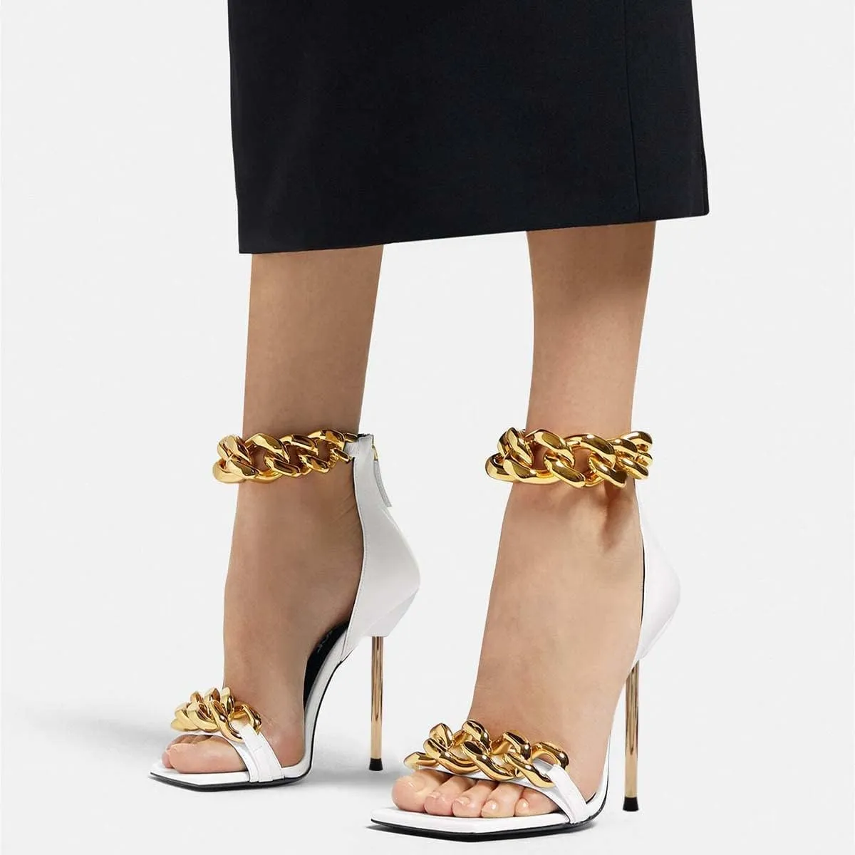 XYD Women Sexy Stiletto Sandals Open Square Toe High Heels Metal Ankle Chain Strap Back Zip Chic Nightclub Shoes