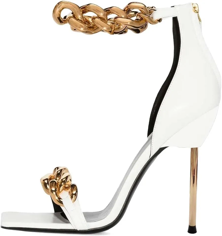 XYD Women Sexy Stiletto Sandals Open Square Toe High Heels Metal Ankle Chain Strap Back Zip Chic Nightclub Shoes