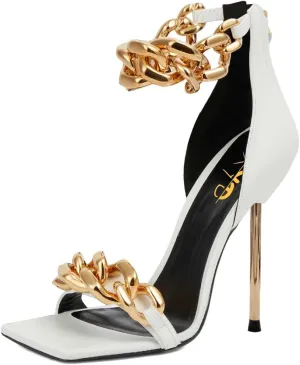 XYD Women Sexy Stiletto Sandals Open Square Toe High Heels Metal Ankle Chain Strap Back Zip Chic Nightclub Shoes