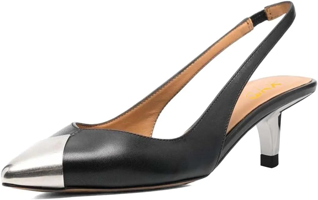 XYD Women Slingback Heel Pumps Pointed Closed Toe Low Heels Sandals Metallic Tiptoe Slip On Ankle Strap Chic Office Evening Shoes
