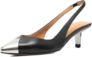 XYD Women Slingback Heel Pumps Pointed Closed Toe Low Heels Sandals Metallic Tiptoe Slip On Ankle Strap Chic Office Evening Shoes