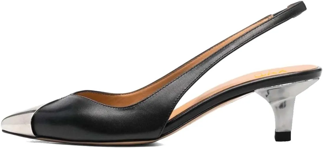 XYD Women Slingback Heel Pumps Pointed Closed Toe Low Heels Sandals Metallic Tiptoe Slip On Ankle Strap Chic Office Evening Shoes
