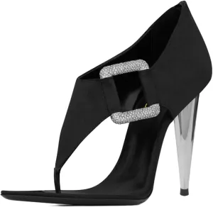 XYD Women's Chic Open Pointed Toe Sandals Back Zip Satin Pumps Cone High Heels Rhinestone Square Buckle Evening Prom Event Shoes