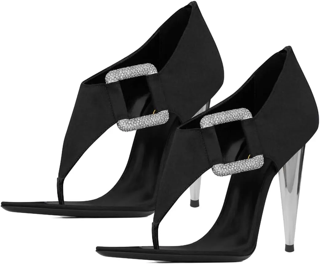 XYD Women's Chic Open Pointed Toe Sandals Back Zip Satin Pumps Cone High Heels Rhinestone Square Buckle Evening Prom Event Shoes