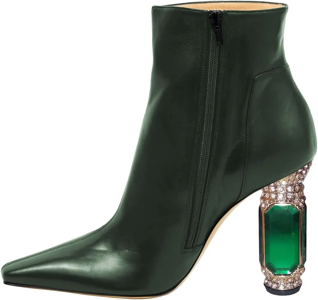 XYD Women's Closed Square Toe Booties Rhinestone Crystal Gems Block Heels Side Zip Ankle Boots Ladies Chic Event Formal Party Shoes