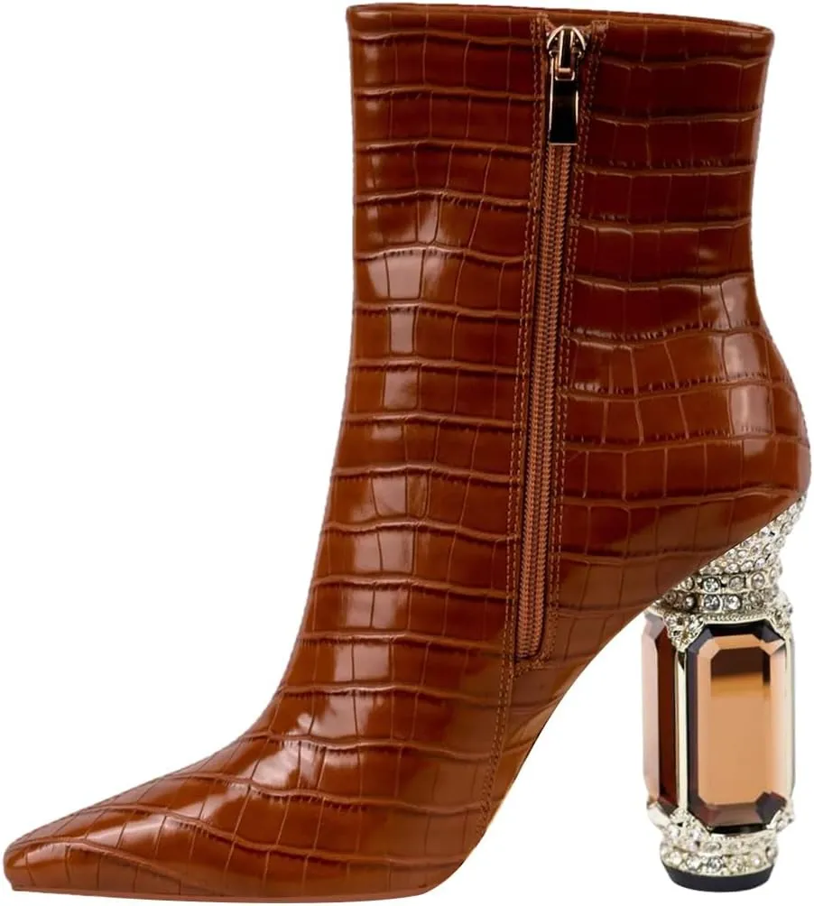 XYD Women's Closed Square Toe Booties Rhinestone Crystal Gems Block Heels Side Zip Ankle Boots Ladies Chic Event Formal Party Shoes