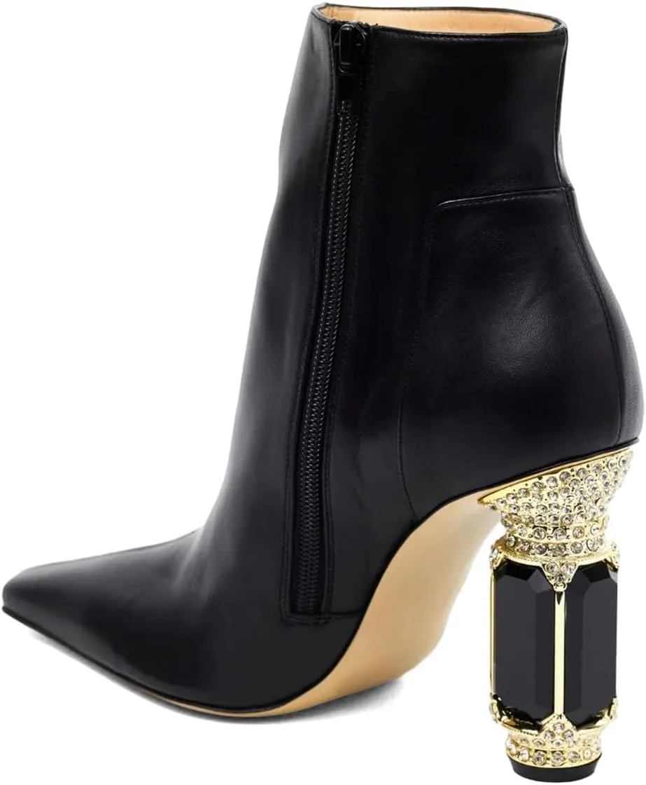 XYD Women's Closed Square Toe Booties Rhinestone Crystal Gems Block Heels Side Zip Ankle Boots Ladies Chic Event Formal Party Shoes