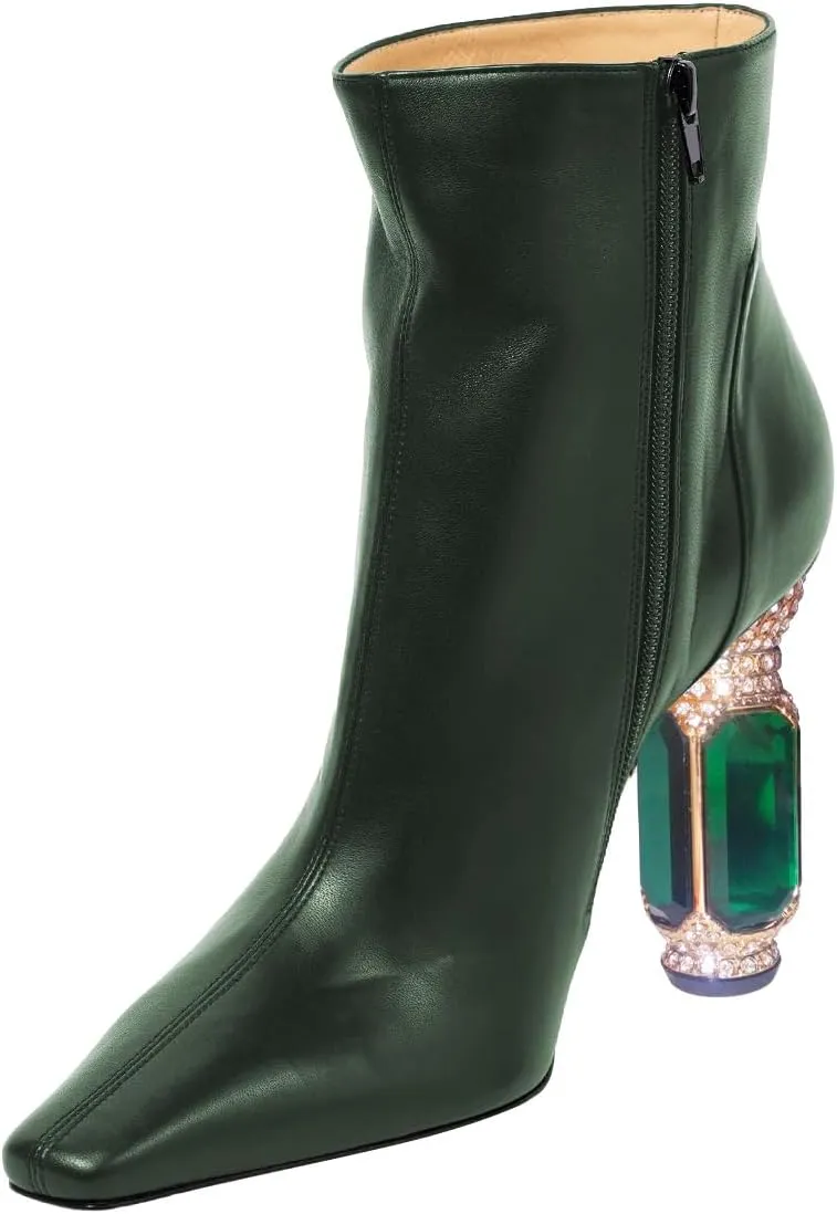 XYD Women's Closed Square Toe Booties Rhinestone Crystal Gems Block Heels Side Zip Ankle Boots Ladies Chic Event Formal Party Shoes